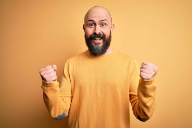 Sarı arka plan üzerinde sıradan bir süveter giyen sakallı yakışıklı kel adam kollarını kaldırarak ve açık gözlerle başarıyı kutluyor ve şaşırıyor. Kazanan konsept.