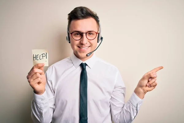 Jonge Call Center Operator Man Het Dragen Van Headset Met — Stockfoto