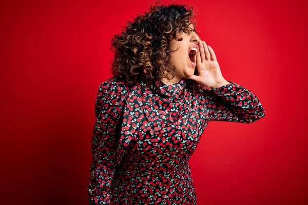 Young Beautiful Curly Arab Woman Wearing Casual Floral Dress Standing — Stock Photo, Image