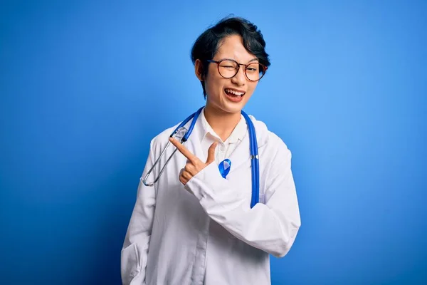 Young Beautiful Asian Doctor Girl Wearing Stethoscope Coat Blue Cancer — Stock Photo, Image