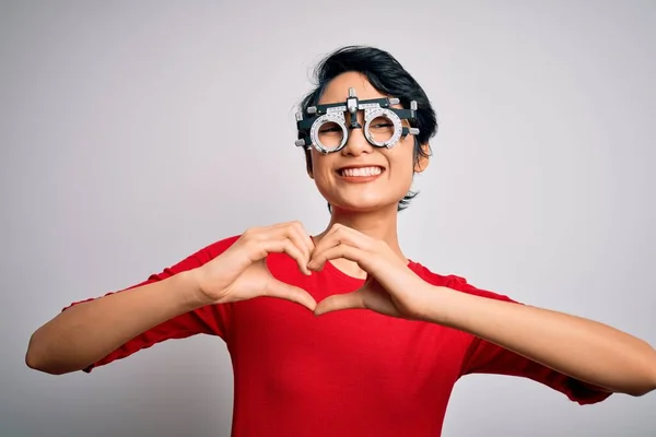 Joven Hermosa Chica Asiática Con Gafas Optometría Pie Sobre Fondo —  Fotos de Stock