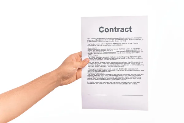 Holding Business Contract Paper Isolated White Background — Stock Photo, Image