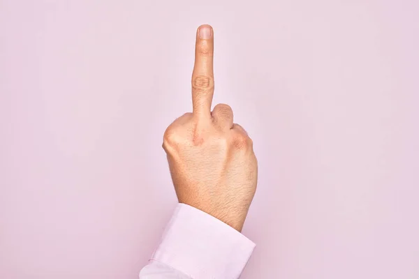 Hand Caucasian Young Man Showing Fingers Isolated Pink Background Showing — Stock fotografie