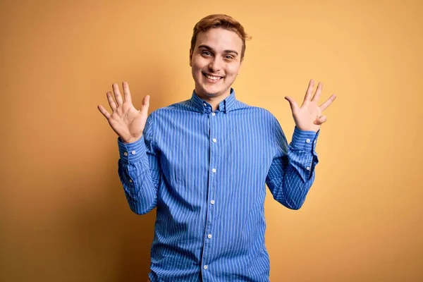 Young Handsome Redhead Man Wearing Casual Striped Shirt Isolated Yellow — Stock Photo, Image