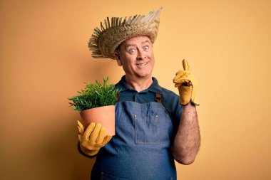 Sarı arka planda saksı tutan önlük ve şapka takan orta yaşlı çiftçi bir fikir ya da soru işareti ile şaşırdı.