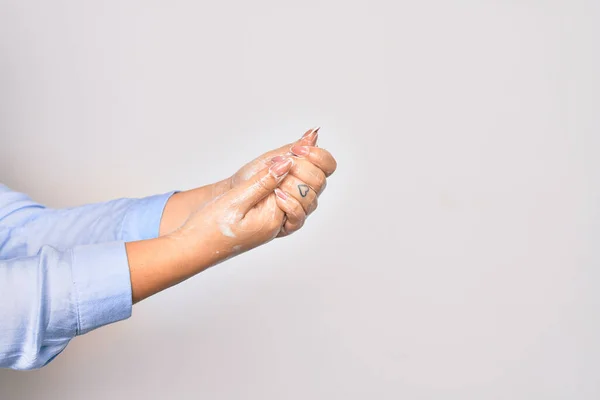 Young Caucasian Woman Cleaning Hands Using Alcohol Liquid Isolated White — Stock Photo, Image