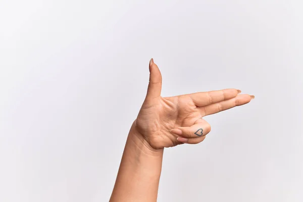 Рука Кавказской Молодой Женщины Жестикулирует Огнестрельным Оружием Пальцами Прицеливаясь Символ — стоковое фото