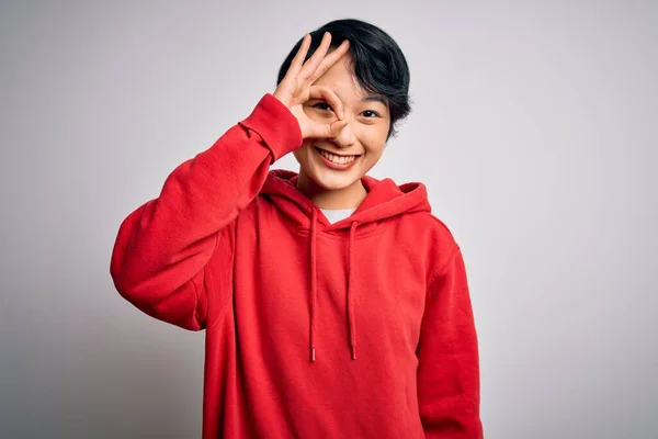 Jong Mooi Aziatisch Meisje Dragen Casual Sweatshirt Met Hoodie Witte — Stockfoto