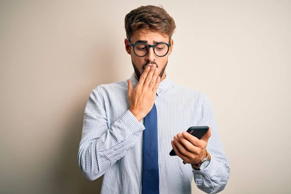 Young Businessman Having Conversation Using Smartphone White Background Cover Mouth — Stock Photo, Image