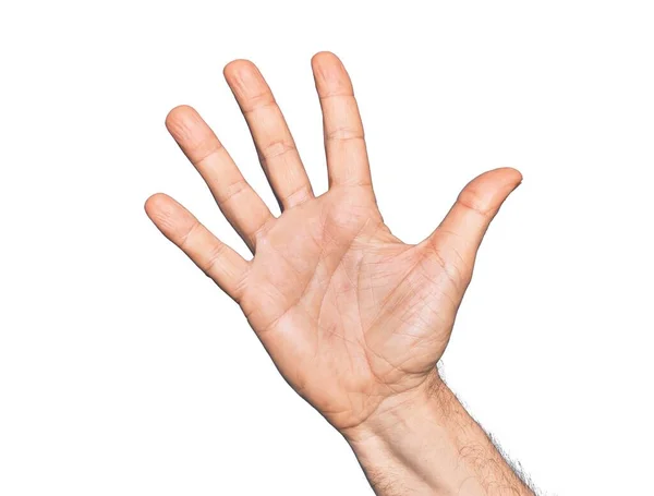 Ręka Białego Mężczyzny Średnim Wieku Nad Odizolowanym Białym Tłem Licząc — Zdjęcie stockowe