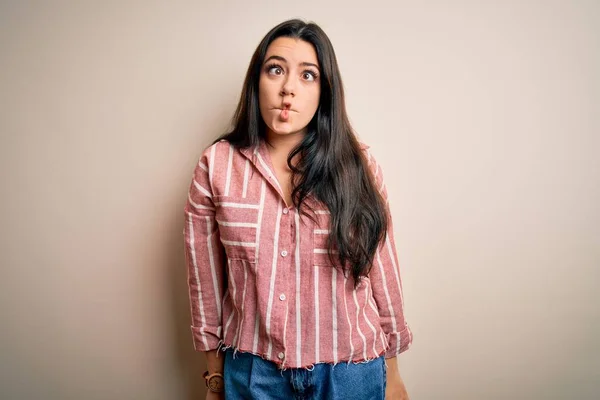 Young Brunette Woman Wearing Casual Striped Shirt Isolated Background Making — Stock Photo, Image