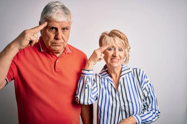Senior Beautiful Couple Standing Together Isolated White Background Shooting Killing — Stock Photo, Image