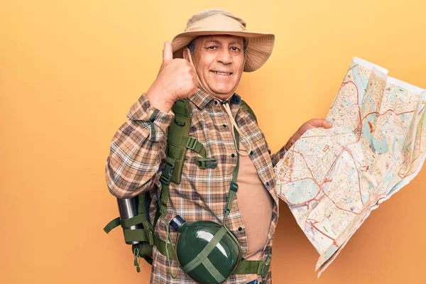 Senior Man Grey Hair Wearing Hiker Backpack Holding Map Smiling — Stock Photo, Image