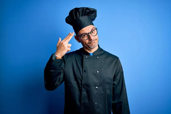 Young Handsome Chef Man Wearing Cooker Uniform Hat Isolated Blue — Stock Photo, Image