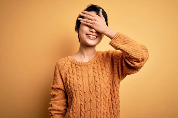 Young Beautiful Asian Girl Wearing Casual Sweater Diadem Standing Yellow — Stock Photo, Image