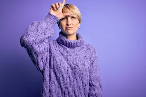 Young Blonde Woman Short Hair Wearing Winter Turtleneck Sweater Purple — Stock Photo, Image