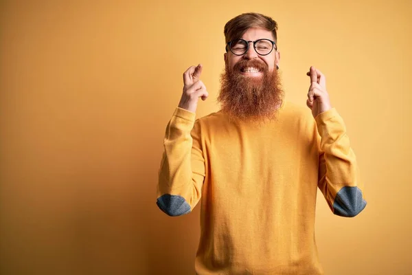 Handsome Irish Redhead Man Beard Wearing Glasses Yellow Isolated Background — Stock Photo, Image