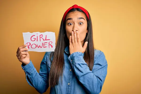 Young Beautiful Asian Woman Wearing Diadema Holding Banner Girl Power — Stock Photo, Image