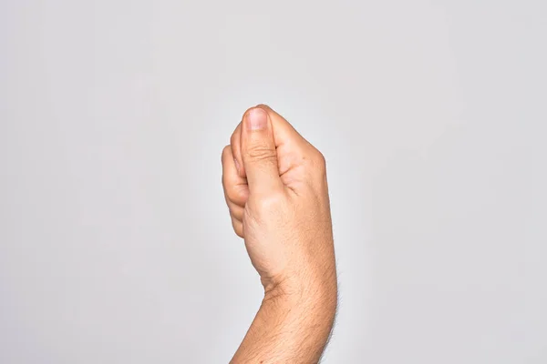 Mano Joven Caucásico Mostrando Dedos Sobre Fondo Blanco Aislado Sosteniendo — Foto de Stock