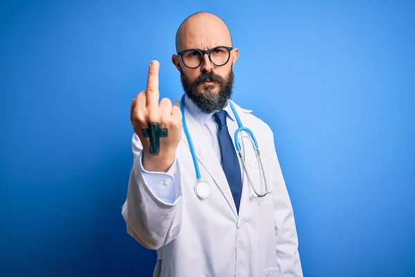 Handsome Bald Doctor Man Beard Wearing Glasses Stethoscope Blue Background — Zdjęcie stockowe