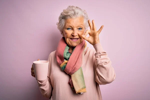 Senior Beautiful Grey Haired Woman Drinking Mug Coffee Isolated Pink — Stock Photo, Image