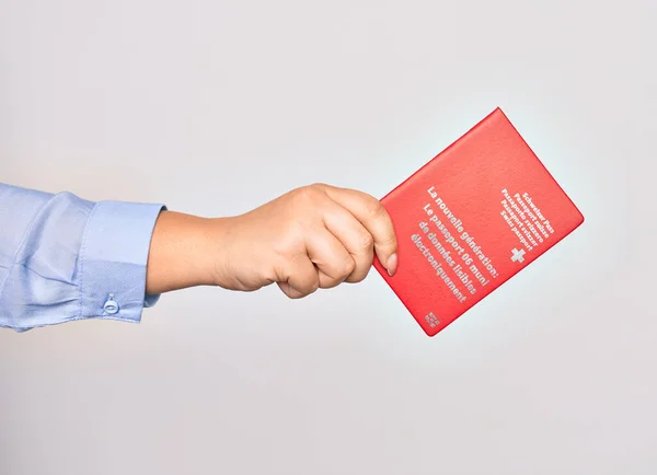 Hand Caucasian Young Woman Holding Switzerland Swiss Passport Document Isolated — Stock Photo, Image