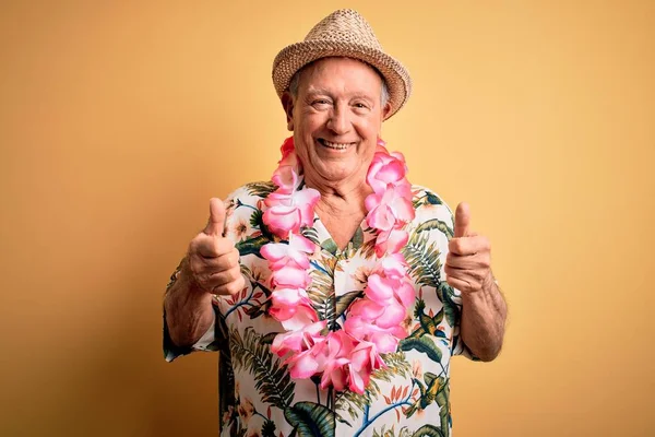 Grey Haired Senior Man Wearing Summer Hat Hawaiian Lei Yellow — Stock Photo, Image