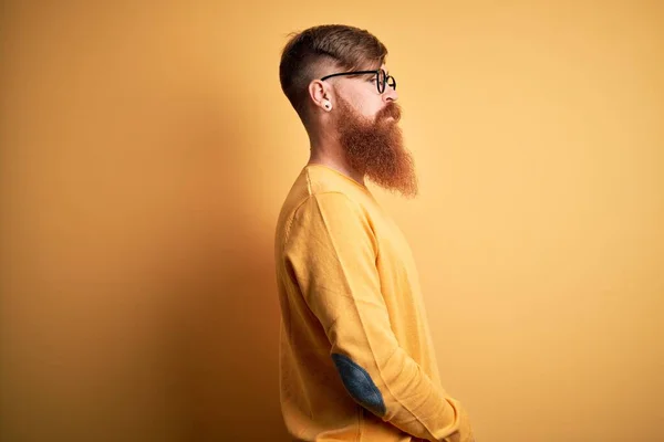 Handsome Irish Redhead Man Beard Wearing Glasses Yellow Isolated Background — Stock Photo, Image