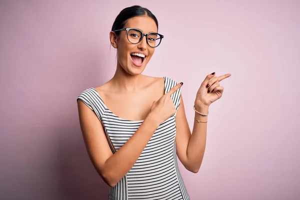 Young Beautiful Woman Wearing Casual Striped Dress Glasses Pink Background — Stock Photo, Image