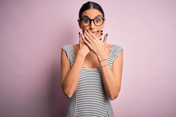 Young Beautiful Woman Wearing Casual Striped Dress Glasses Pink Background — Stock Photo, Image