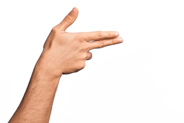 Ręka Kaukaski Młody Człowiek Pokazujący Palce Odizolowanym Białym Tle Gestykulujący — Zdjęcie stockowe