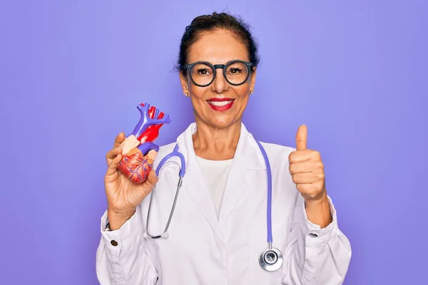 Starszy Kardiolog Średnim Wieku Lekarz Kobieta Trzyma Profesjonalną Kardiologię Serce — Zdjęcie stockowe