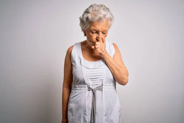 Senior Beautiful Grey Haired Woman Wearing Casual Summer Dress White — Stock Photo, Image