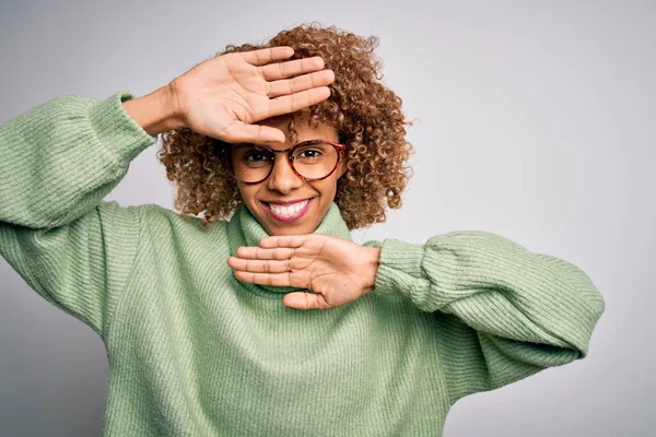 Young Beautiful African American Woman Wearing Turtleneck Sweater Glasses Smiling — Stock Photo, Image