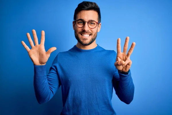 Young Handsome Man Beard Wearing Casual Sweater Glasses Blue Background — Stock Photo, Image