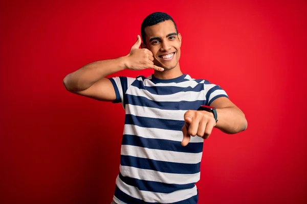 Handsome African American Man Wearing Casual Striped Shirt Standing Red — Stock Photo, Image