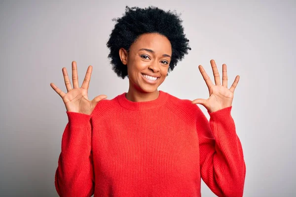 Young Beautiful African American Afro Woman Curly Hair Wearing Red — Stock Photo, Image