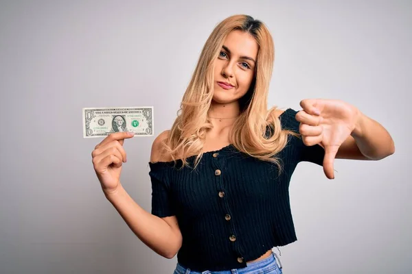 Young Beautiful Blonde Woman Holding Dollar Banknotes Isolated White Background — Stock Photo, Image