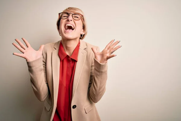 Young Blonde Business Woman Short Hair Wearing Glasses Elegant Jacket — Stock Photo, Image