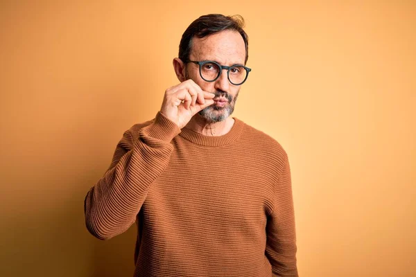 Middle Age Hoary Man Wearing Brown Sweater Glasses Isolated Yellow — Stock Photo, Image