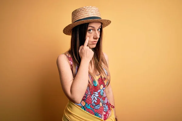 Young Beautiful Blonde Woman Wearing Swimsuit Summer Hat Yellow Background — Stock Photo, Image