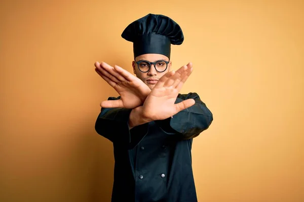 Young Brazilian Chef Man Wearing Cooker Uniform Hat Isolated Yellow — Stock Photo, Image