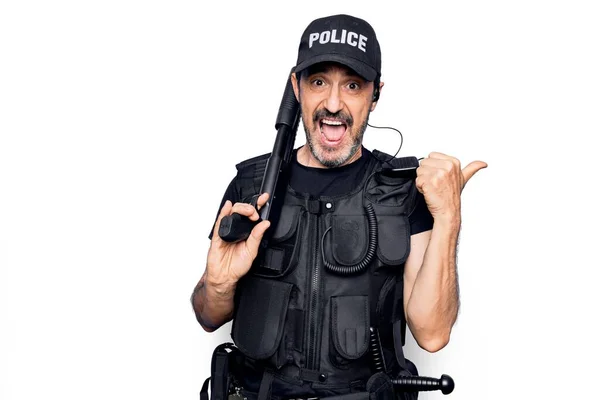 Middle Age Handsome Policeman Wearing Police Uniform Bulletproof Vest Holding — Stock Photo, Image