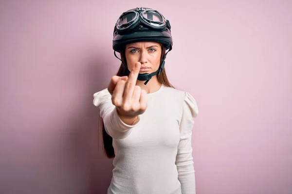 Young Beautiful Motorcyclist Woman Blue Eyes Wearing Moto Helmet Pink — ストック写真