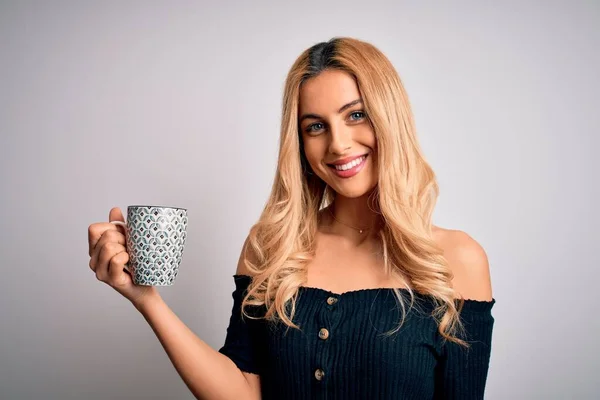 Young Beautiful Blonde Woman Drinking Mug Coffee Isolated White Background — Stock Photo, Image