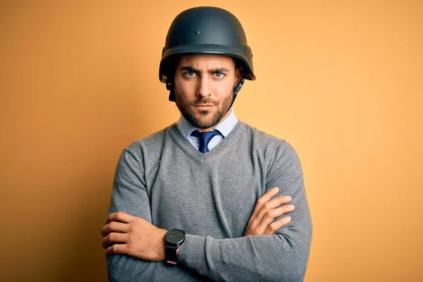 Young Handsome Businessman Wearing Military Helmet Isolated Yellow Background Skeptic — Stock Photo, Image