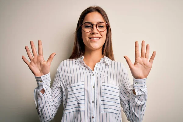 Young Beautiful Brunette Woman Wearing Casual Shirt Glasses White Background — Stock Photo, Image