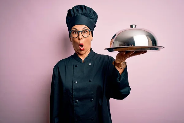 Middle Age Brunette Chef Woman Wearing Cooker Uniform Hat Holding — Stock Photo, Image