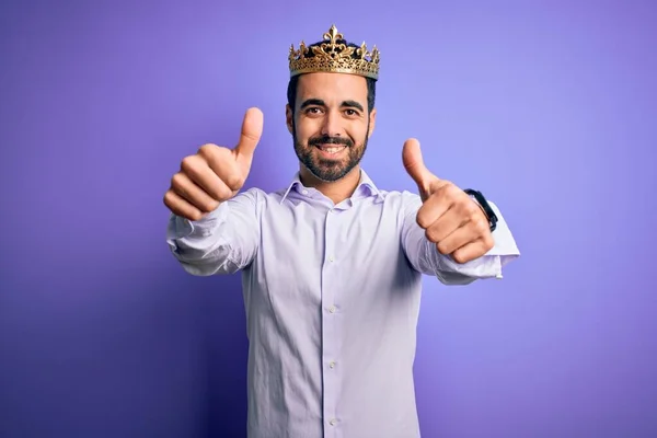 年轻英俊的男人留着胡子 头戴金色王冠 背景是紫色的 手握积极的手势 微笑着竖起大拇指 为成功感到高兴 赢的手势 — 图库照片