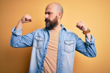 Sakallı, sıradan bir kot ceket giyen ve kollarında gururla gülümseyen kolları gösteren çizgili tişörtlü yakışıklı kel adam. Fitness konsepti.